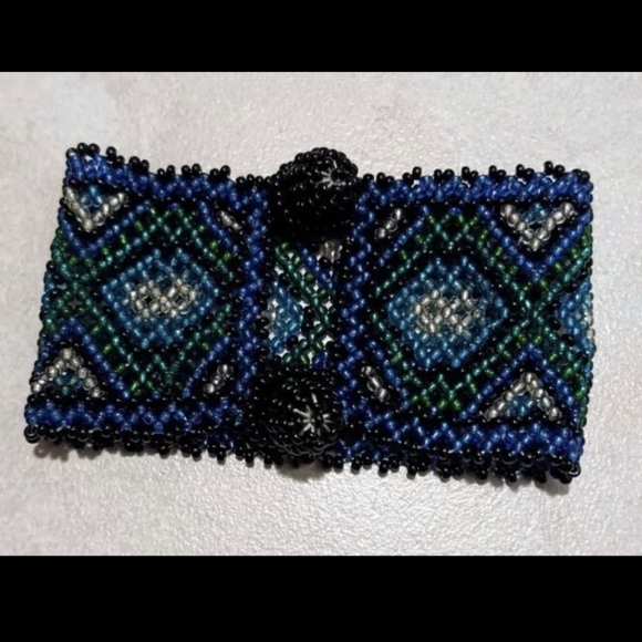 Vintage Beaded Bracelet Blue Green Geometric Gift Idea - Picture 2 of 4